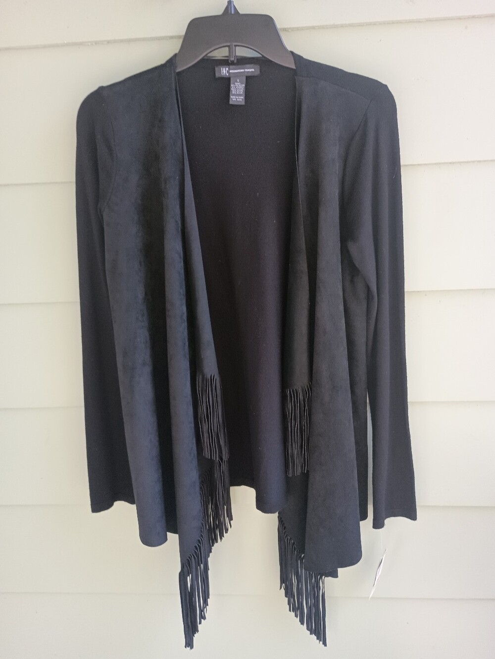 INC Women's Black Open-Front Free Fall Fringe Cardigan Sweater Sz S NWT